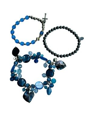 Bracelet Lot Stretch Blue Cha-Cha Style Glass Beaded Cross Boho Hematite Steel